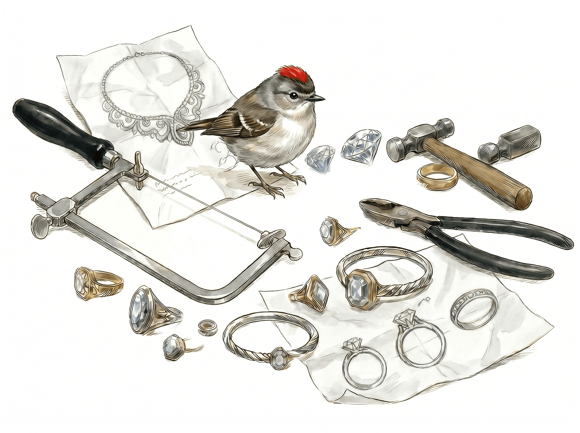 Bird with jewelry tools