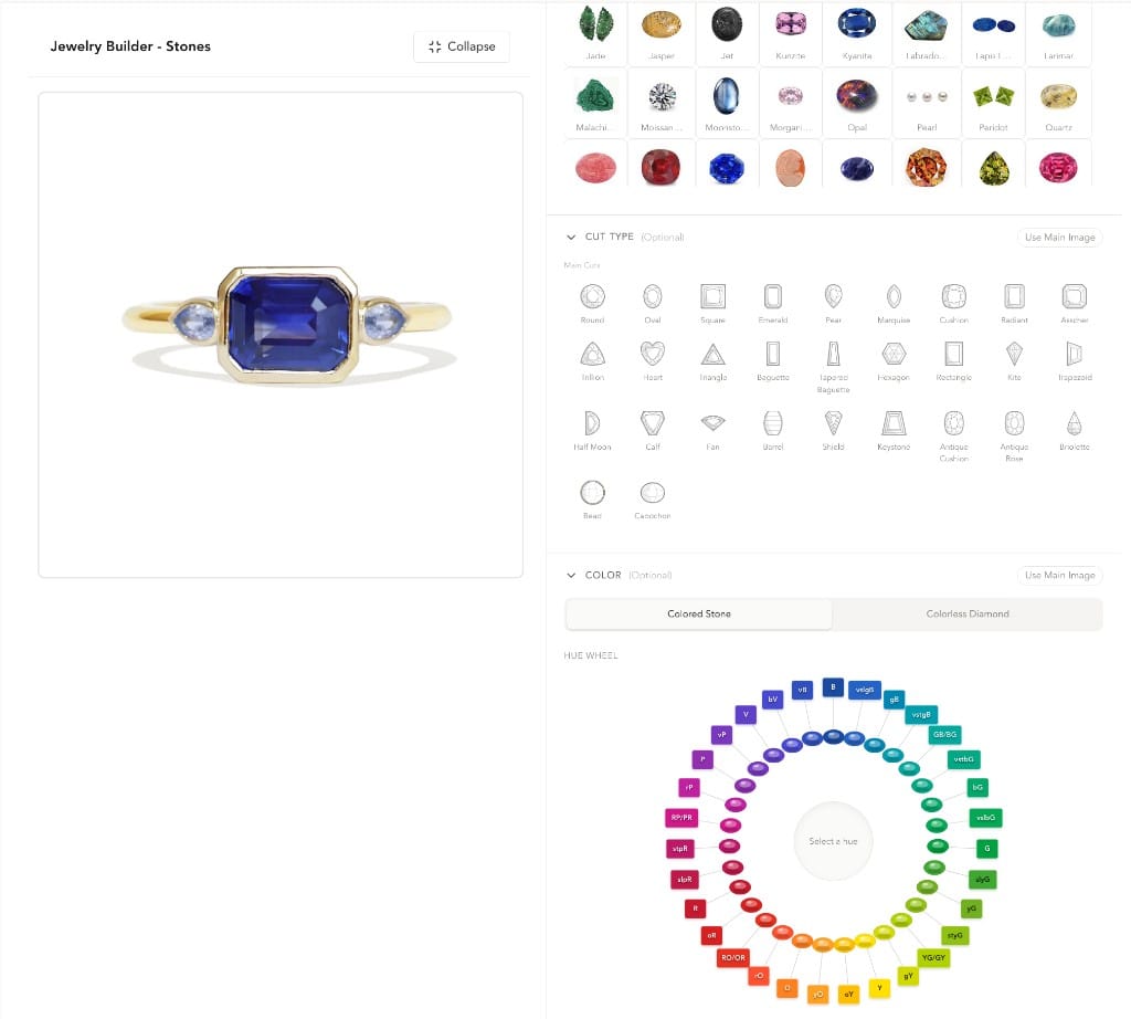 Jewelry Builder — Stones panel with the colored hue wheel