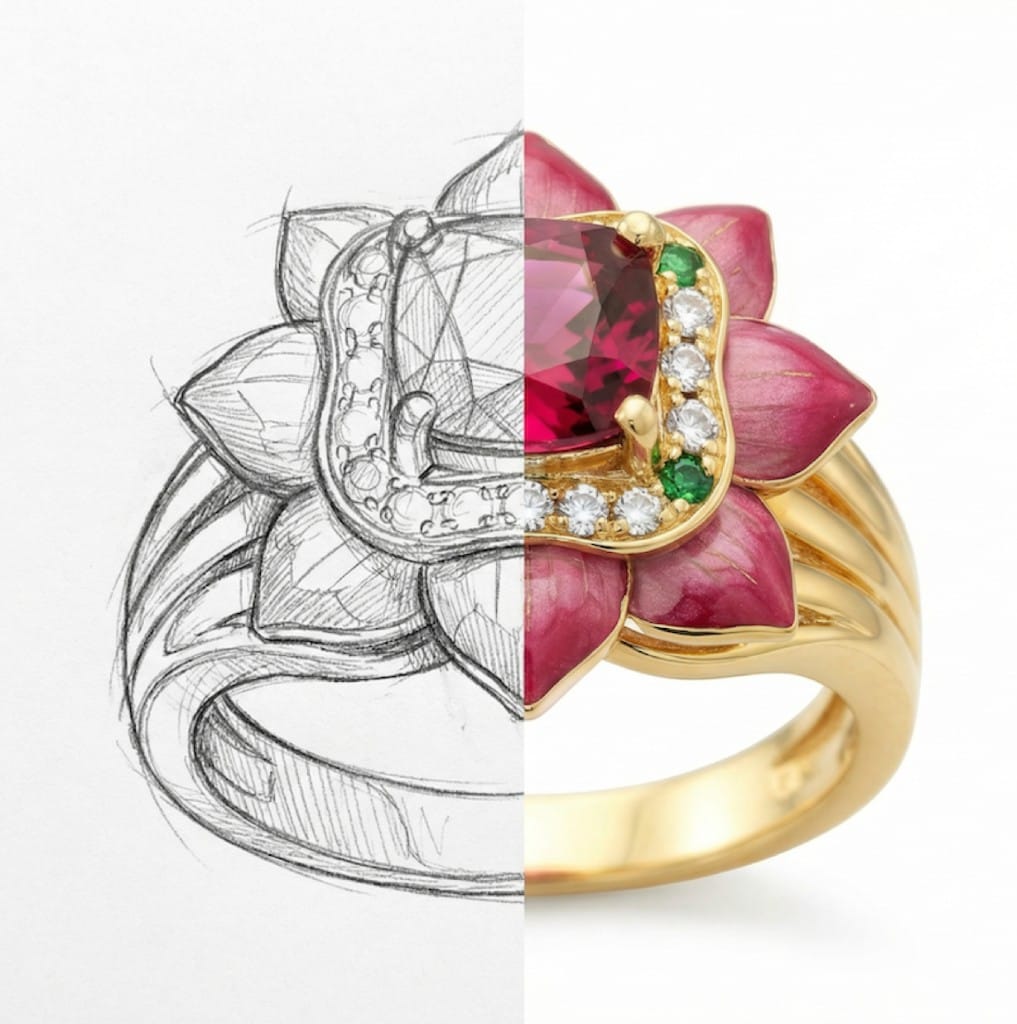 A pencil sketch on the left, a finished pink-flower ring render on the right — design to render