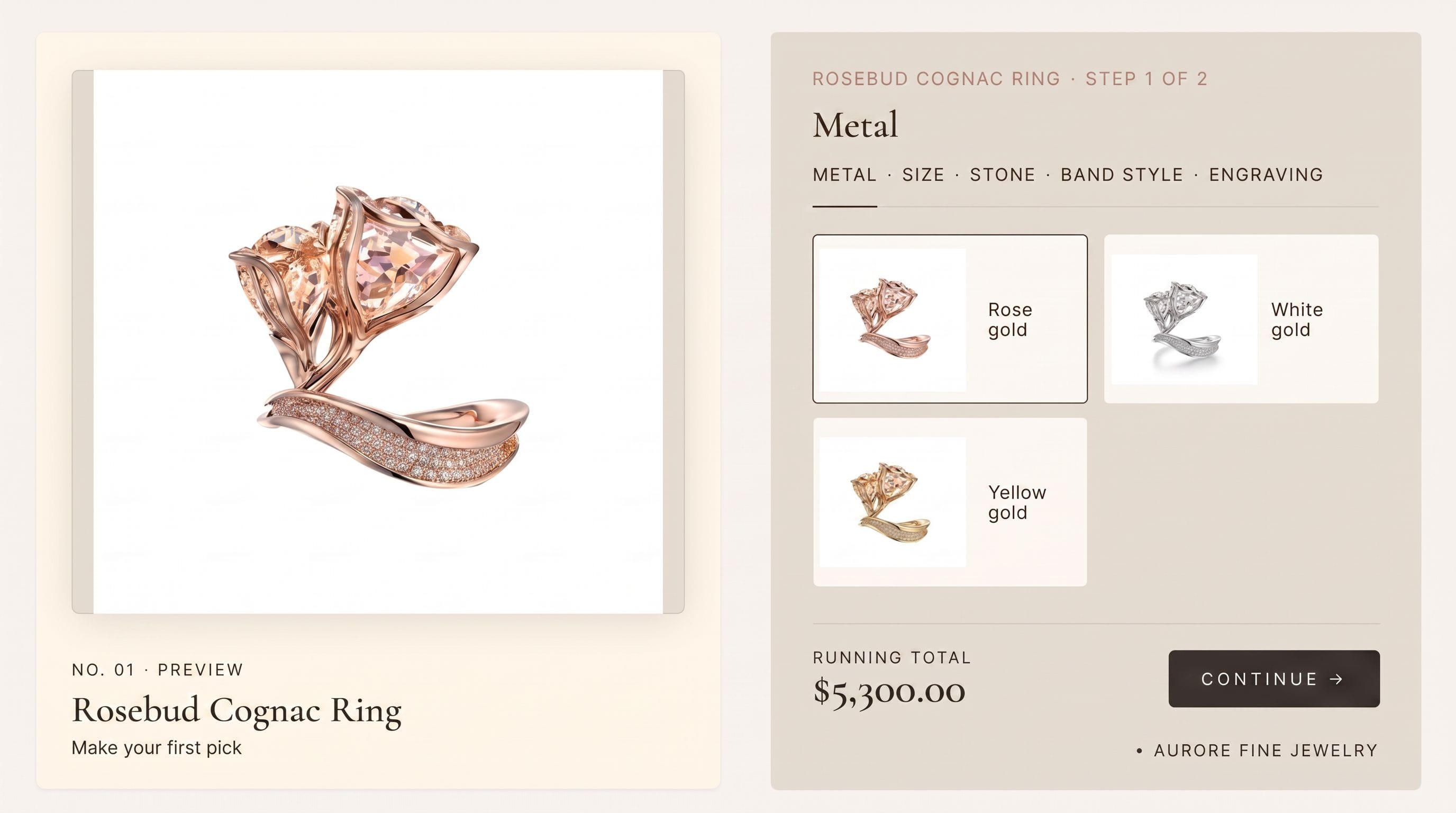 Rosebud Cognac Ring customizer — metal, size, stone, band style, and engraving steps