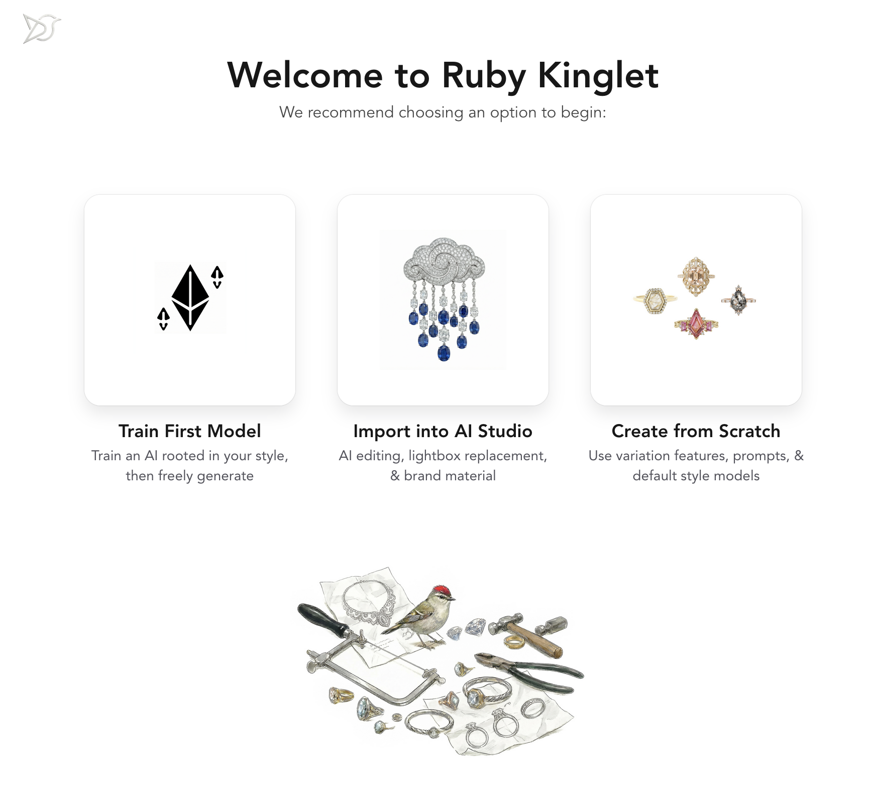 Ruby Kinglet welcome screen showing three starting options