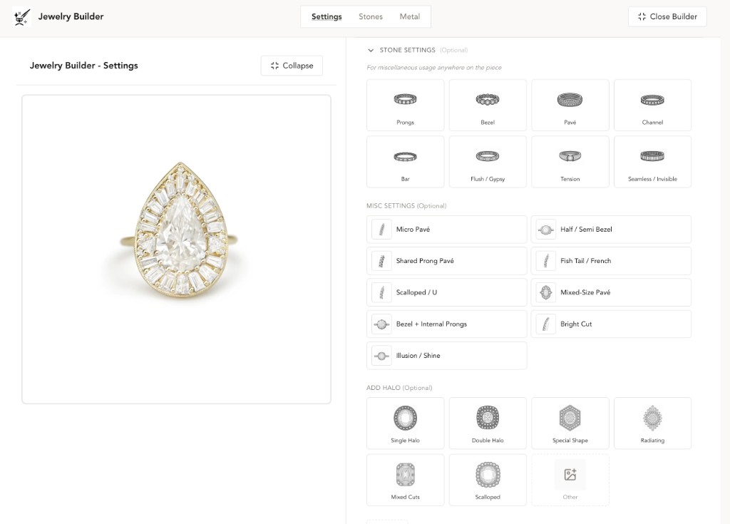 Settings editor — ring fundamentals, shoulders, head style, face shape, prong style, gallery