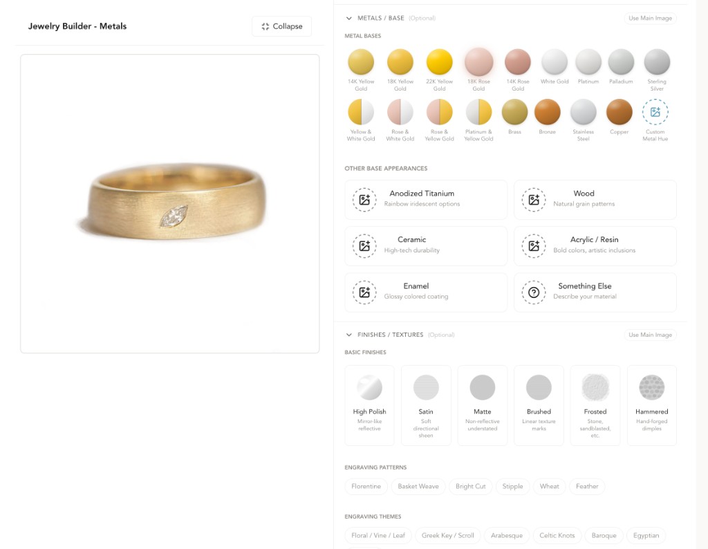Metals editor — gold tones, finish, texture, plating