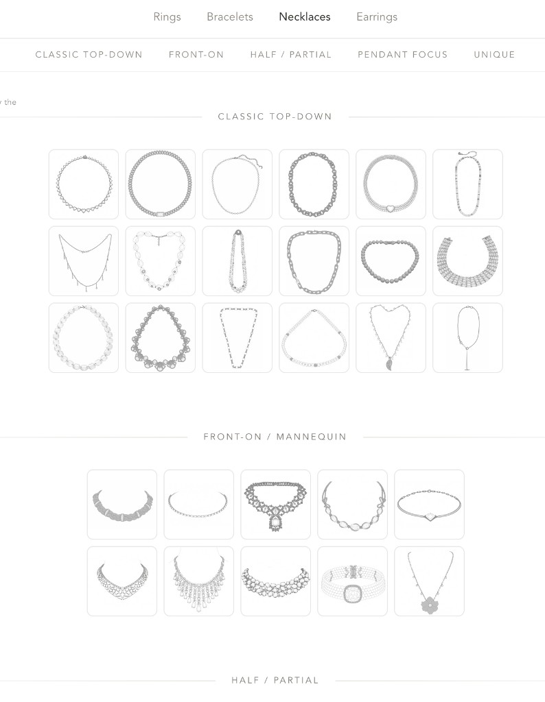 Angles & pose templates — necklace pose grid (classic top-down, front-on, half / partial, pendant focus, unique)